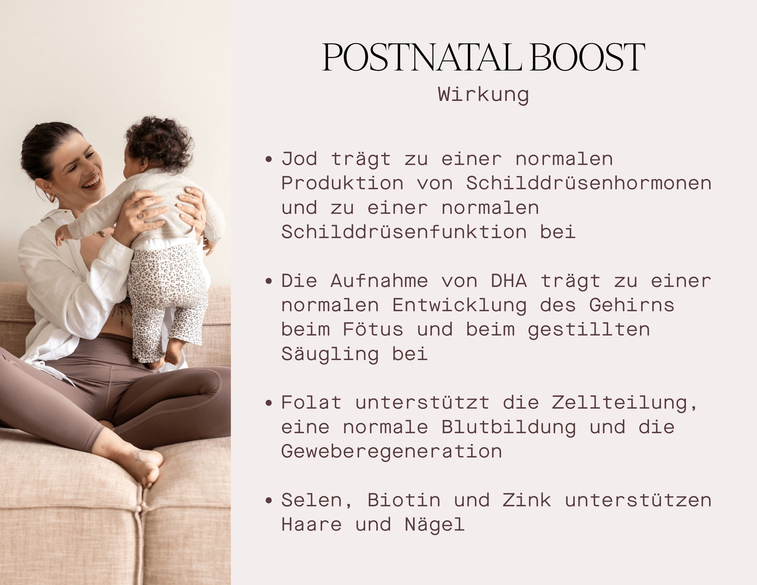 Postnatal Boost Nahrungsergänzungsmittel Wirkung mit Mutter und Baby, unterstützt Gesundheit und Wohlbefinden in der Stillzeit, Stillzeit Vitamine