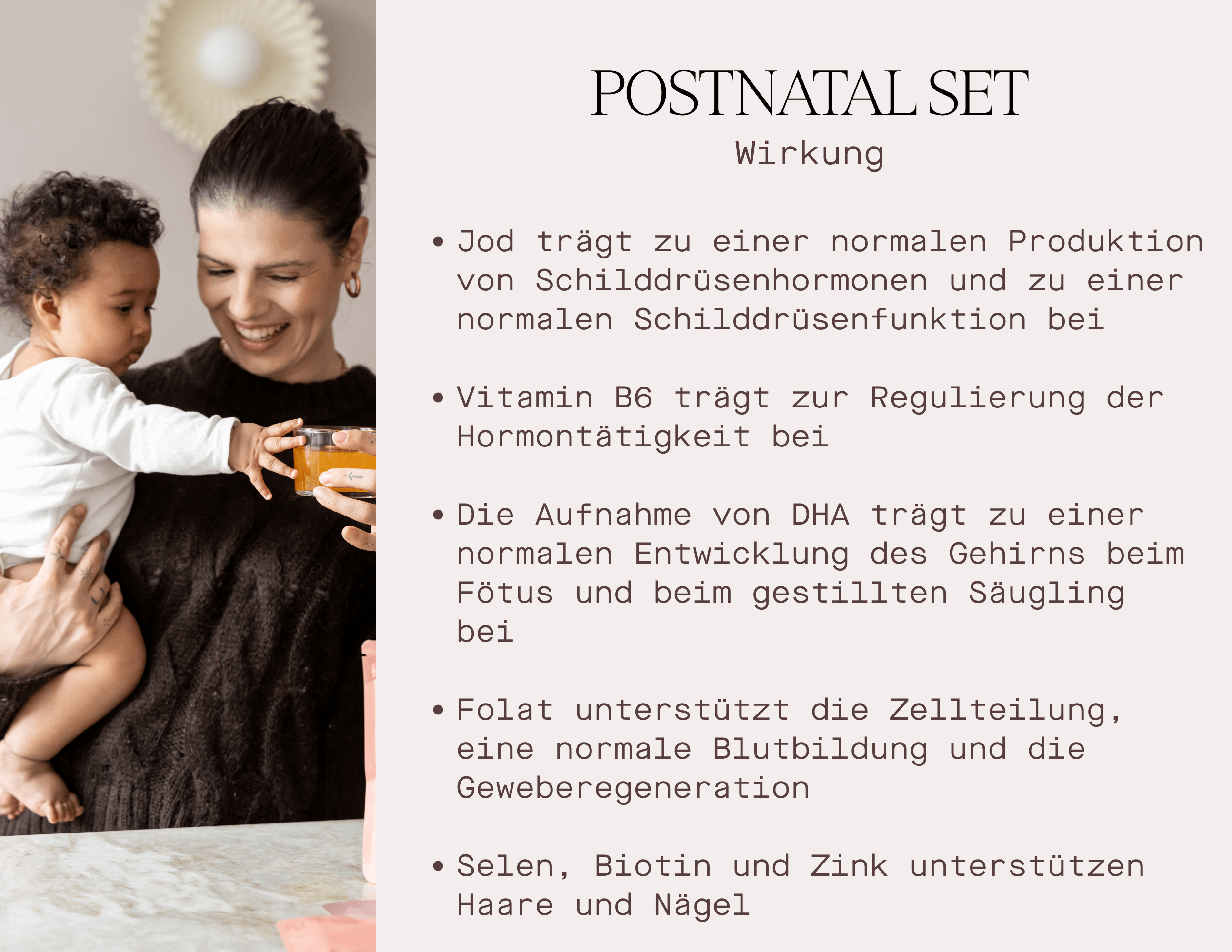 Postnatales Set für Mütter, das die Vorteile der Nährstoffe für die Schilddrüsenfunktion, die Hormonregulation und das allgemeine Wohlbefinden hervorhebt, Stillzeit Vitamine