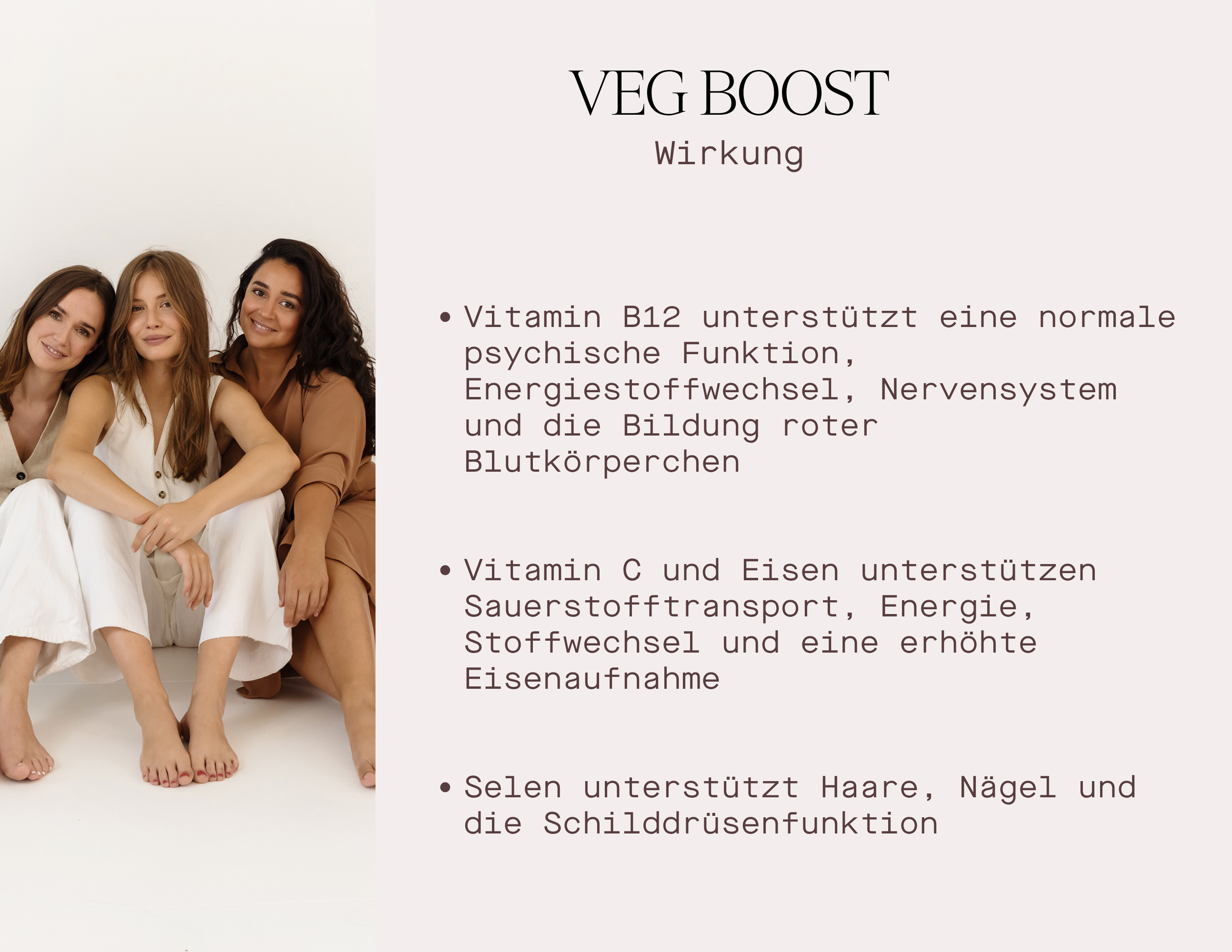Veg Boost Wirkung: Informationen über die Vorteile von Vitamin B12, C, Eisen und Selen für die Gesundheit von Frauen.