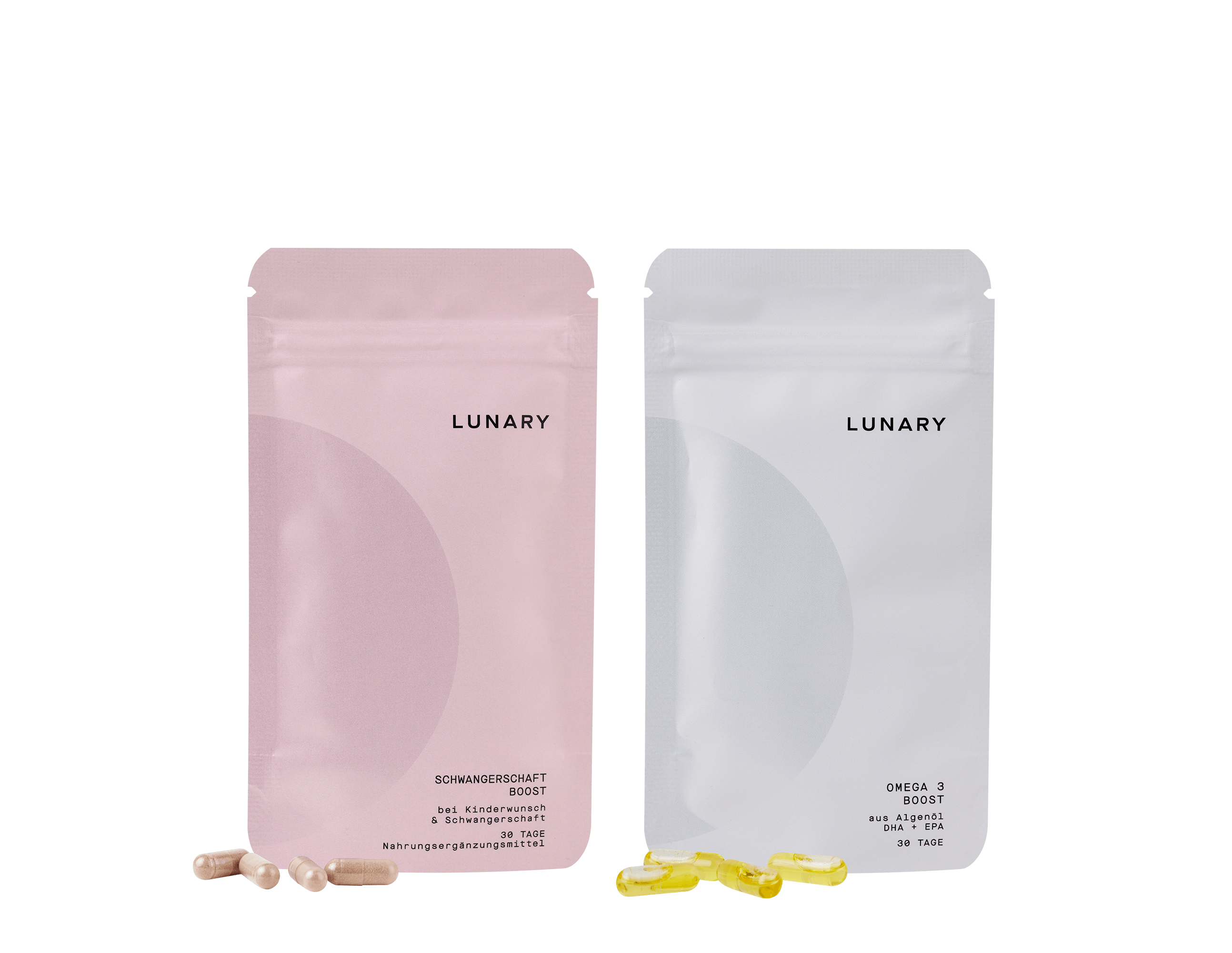 Schwangerschaft Boost Nahrungsergänzungsmittel von Lunary in pink und Omega-3 Kapseln in weiß, für gesunde Schwangerschaft, Nahrungsergänzungsmittel Schwangerschaft
