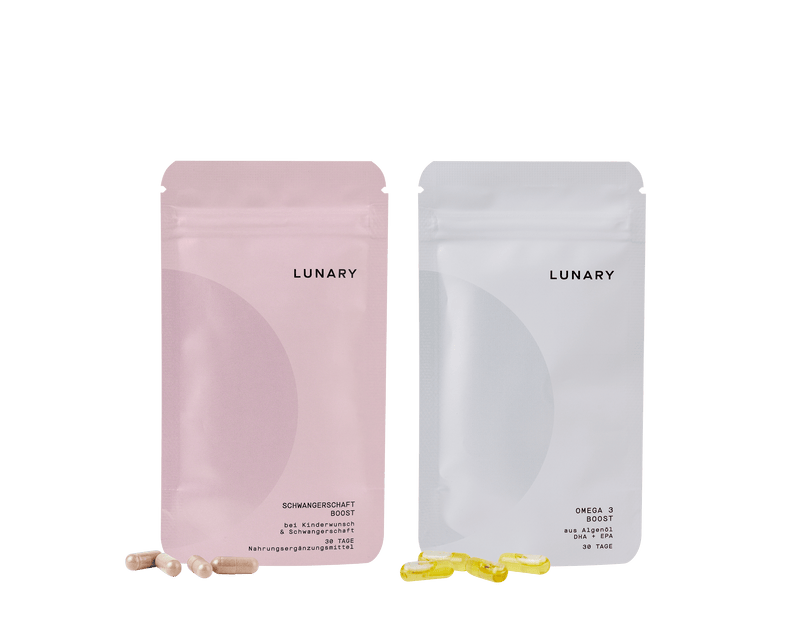 Schwangerschaft Boost Nahrungsergänzungsmittel von Lunary in pink und Omega-3 Kapseln in weiß, für gesunde Schwangerschaft, Nahrungsergänzungsmittel Schwangerschaft