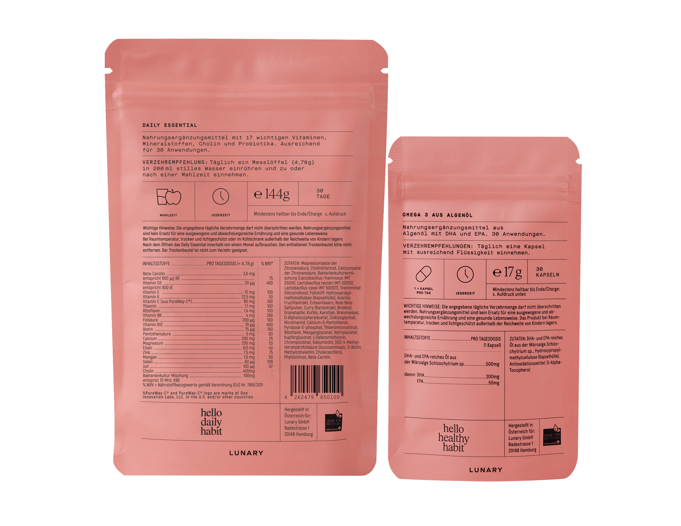 LUNARY Daily Essential Multivitamin Komplex Produktverpackung mit Nährwertangaben für Nahrungsergänzungsmittel für Frauen, Frauen Vitamine und Supplements für Frauen