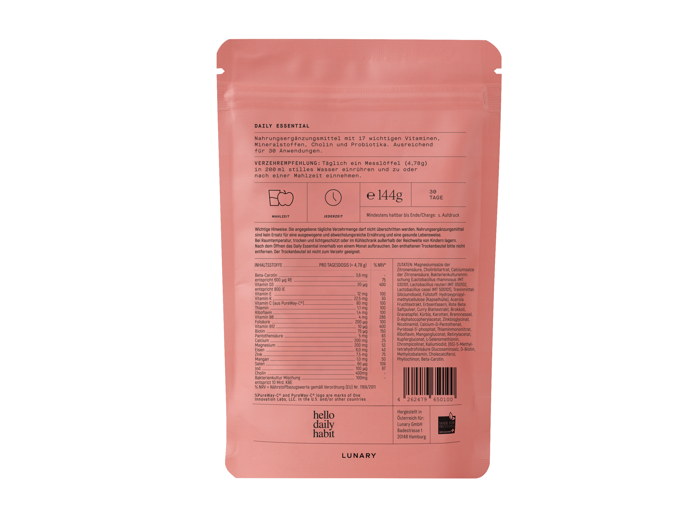 Rückseite der Verpackung von Daily Essential ohne Omega 3 - Multivitamin Komplex, zeigt Nährwertangaben, Frauen Vitamine und Supplements für Frauen