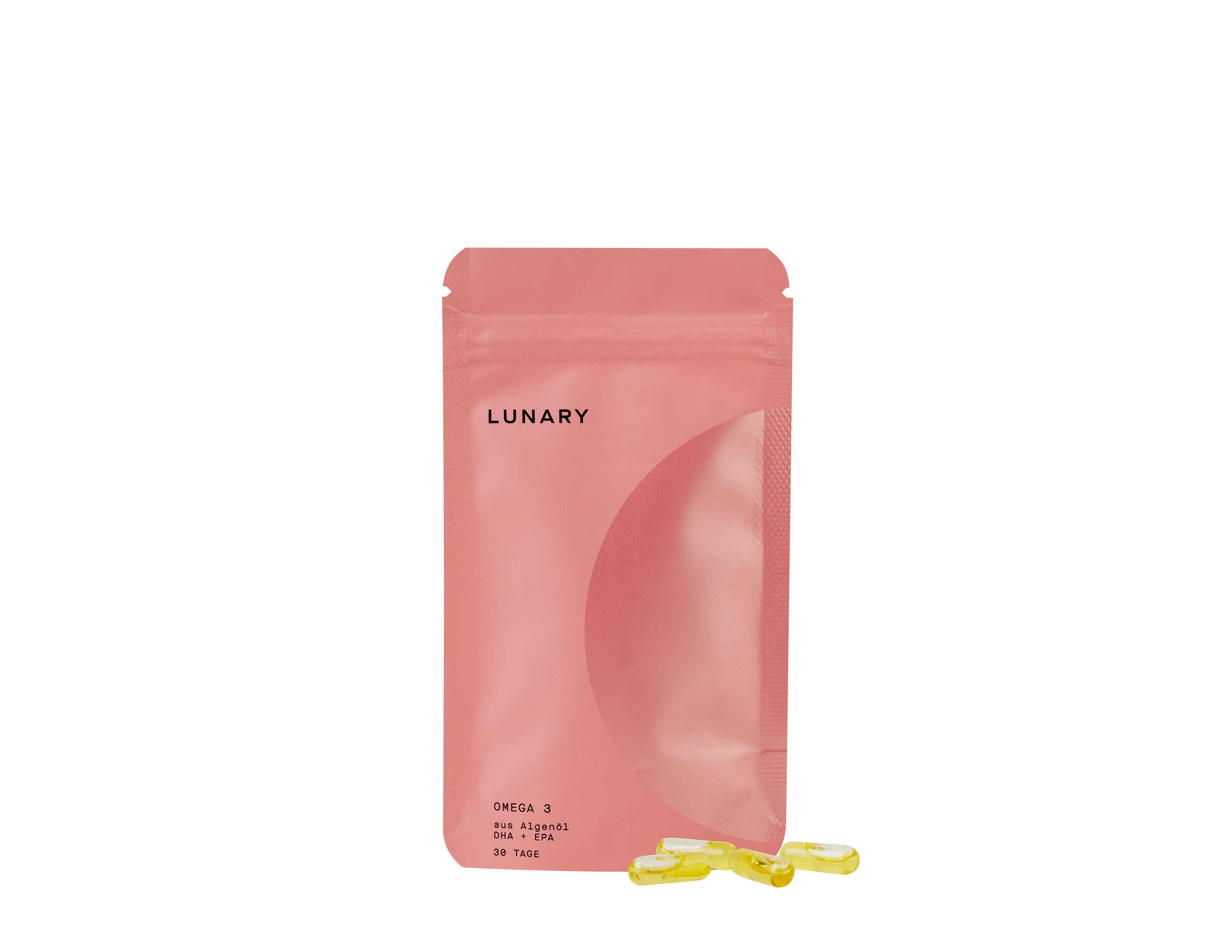 LUNARY Omega 3 DHA+EPA Nahrungsergänzungsmittelverpackung mit Softgel-Kapseln.