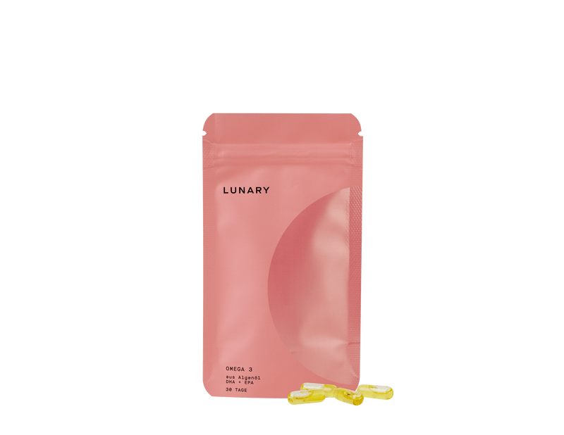 LUNARY Omega 3 DHA+EPA Nahrungsergänzungsmittelverpackung mit Softgel-Kapseln.