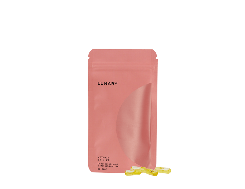 LUNARY Vitamin D3+K2 MK7 Nahrungsergänzungsmittelpackung mit gelben Kapseln