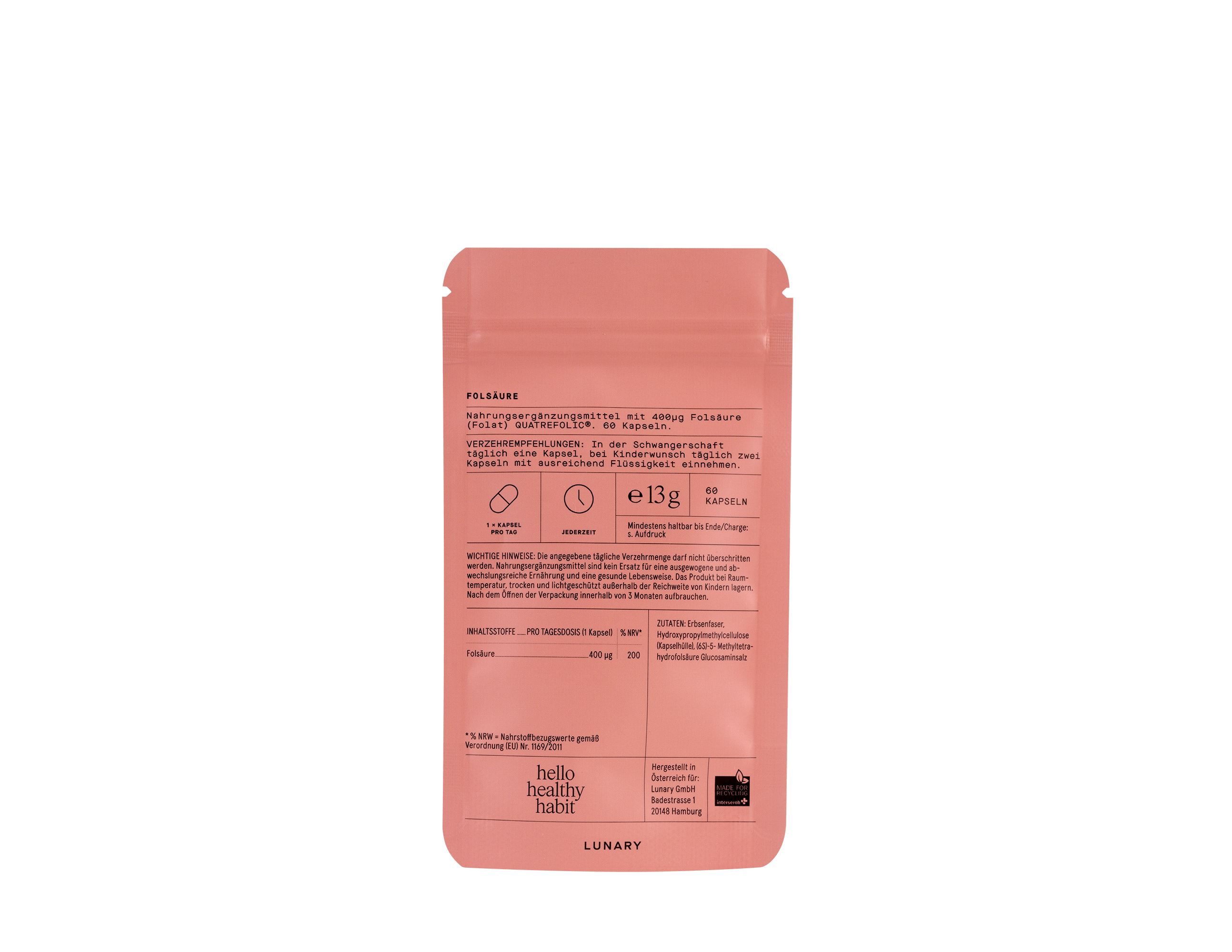 Rückansicht der LUNARY Folsäure (Folat) Boost Quatrefolic® Kapseln Verpackung
