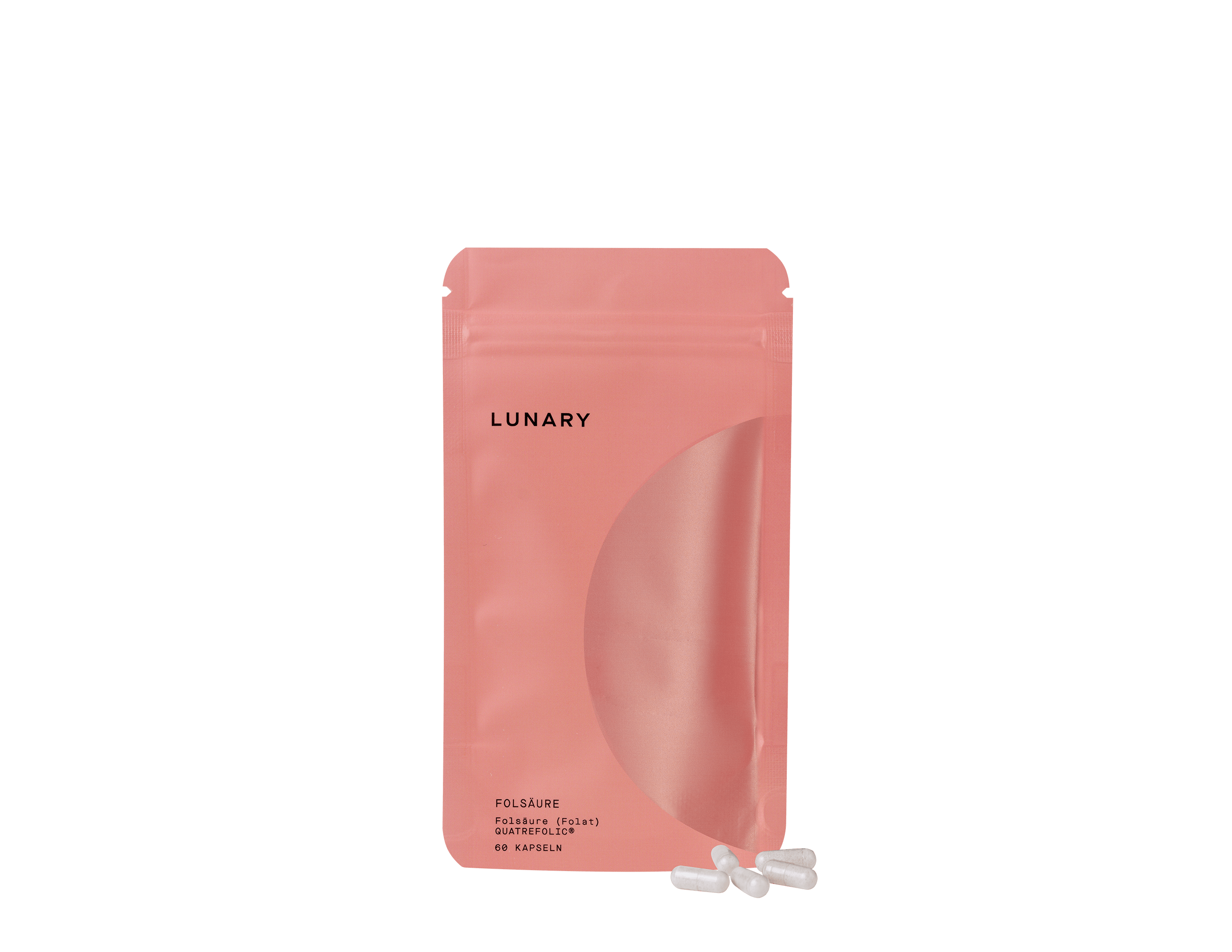 Folsäure Boost Quatrefolic® Nahrungsergänzungsmittel von LUNARY in rosa Verpackung mit Kapseln.
