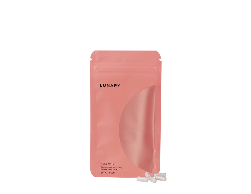 Folsäure Boost Quatrefolic® Nahrungsergänzungsmittel von LUNARY in rosa Verpackung mit Kapseln.