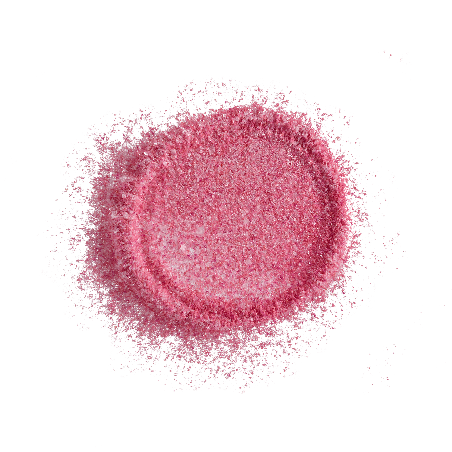 Leuchtend pinkes Vitamin-C-Pulver in kreisförmiger Form auf schwarzem Hintergrund, das seine Textur und Farbe zur Geltung bringt.