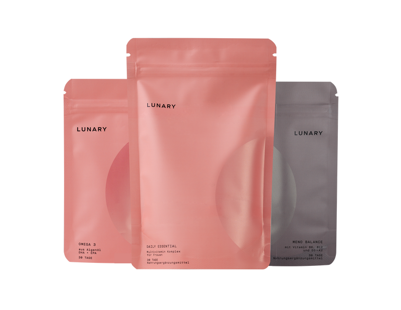 Set Daily Essential plus Meno Balance by Lunary, featuring Omega 3, Daily Essential, and Meno Balance supplements.