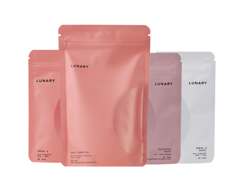Set Daily Essential plus Postnatal Boost by Lunary, nutritional supplements for postpartum wellness.