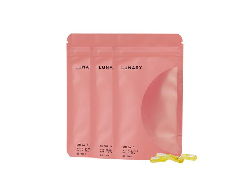 LUNARY Omega 3 DHA+EPA Nahrungsergänzungsmittel in veganem Algenöl, drei Packungen mit Kapseln.