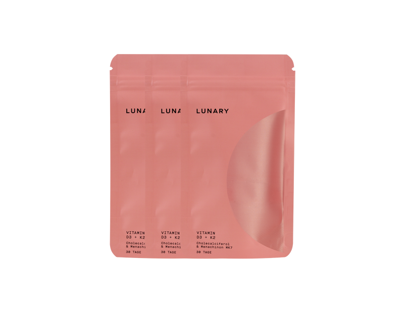 LUNARY Vitamin D3 + K2 MK7 dietary supplement packaging for 30 days, vegan-friendly, nutrient-rich.