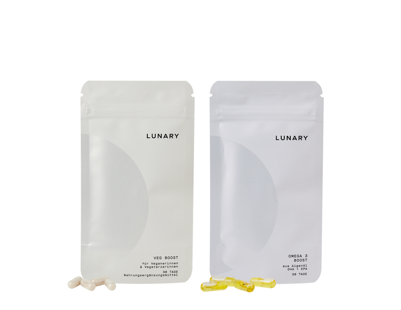 Lunary Veg Boost and Omega 3 Boost supplements designed for plant-based nutrition.