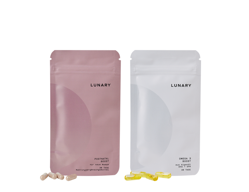 LUNARY Postnatal Boost und Omega 3 Boost Nahrungsergänzungsmittel für stillende Mütter.