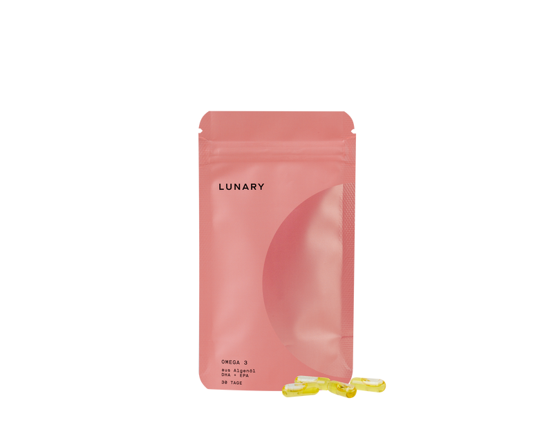 LUNARY Omega 3 DHA+EPA dietary supplement packaging with softgel capsules.