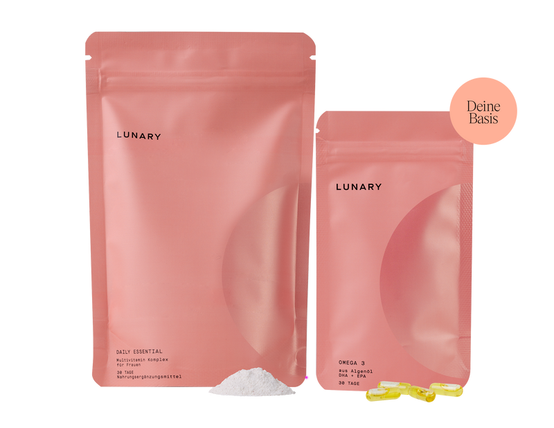 Daily Essential Multivitamin Komplex and Omega 3 supplements for women in pink packaging