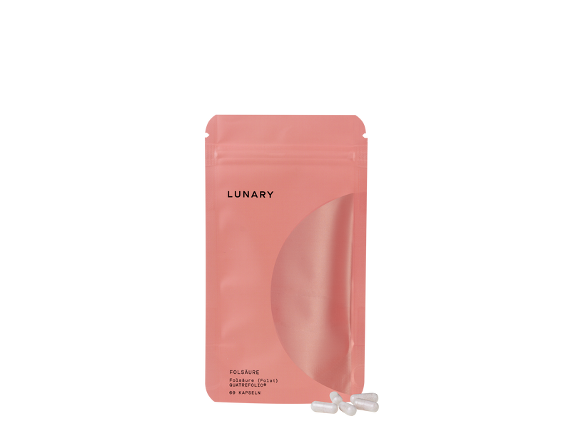 Folsäure Boost Quatrefolic® Nahrungsergänzungsmittel von LUNARY in rosa Verpackung mit Kapseln.